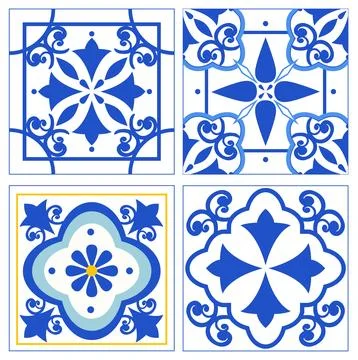 Set of Four Blue Mediterranean Style Ceramic Tile Vector Patterns Stock Illustration