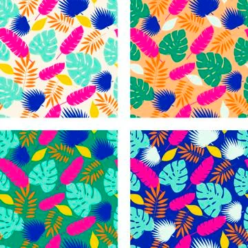 Set of four bold bright tropical leaves seamless patterns. Vector Stock Illustration