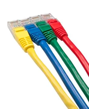 Set of four brightly multi coloured ethernet network plugs Foto stock