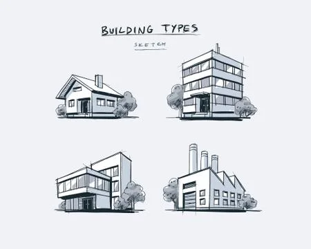 Set of Four Buildings Types Hand Drawn Cartoon Illustration Stock Illustration