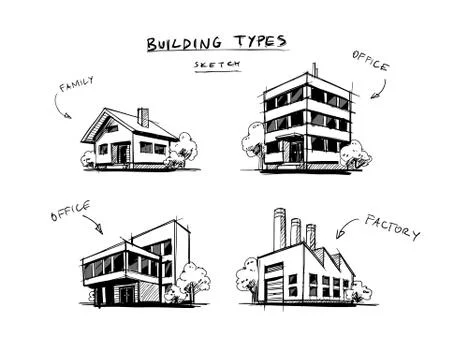 Set of Four Buildings Types Hand Drawn Cartoon Illustration Stock Illustration
