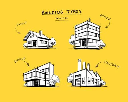 Set of Four Buildings Types Hand Drawn Cartoon Illustration Stock Illustration