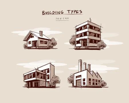 Set of Four Buildings Types Hand Drawn Cartoon Illustration Stock Illustration