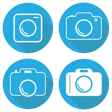 Set of four camera line and flat icons inside blue circles with long shadow Stock Illustration