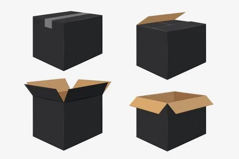 Set of Four Cardboard Boxes. Open and Closed Black Box Stock Illustration