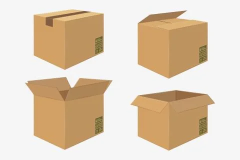 Set of Four Cardboard Boxes. Open and Closed Box Stock Illustration