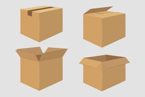 Set of Four Cardboard Boxes. Open and Closed Box Stock Illustration