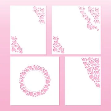 Set of four cards with openwork pattern of hearts. Laser cutting vector templ Stock Illustration