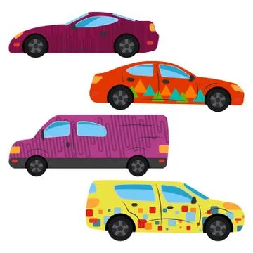 A set of four cars painted in different colors Stock Illustration
