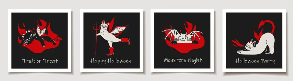 Set of four cartoon devil cats with horns wings tails and pitchforks Stock-Illustration