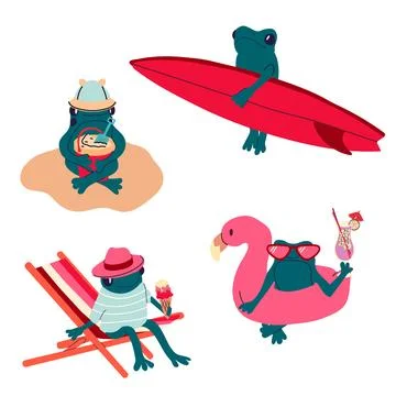 A set of four cartoon frogs in different beach poses Stock-Illustration