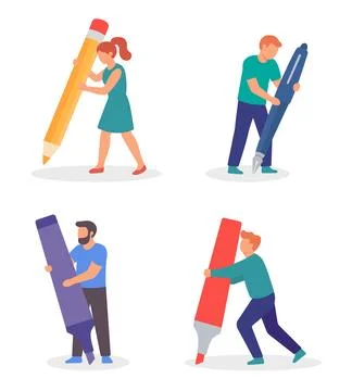 Set of four characters holding oversized pens, pencils, and markers. Flat vector Stock Illustration