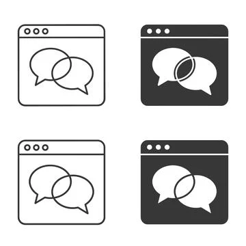 Set of four chat bubble icons within browser window frames, two in outline .. Ilustración de archivo