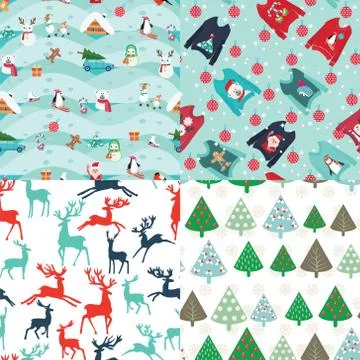 Set of four Christmas background with cute christmas seamless pattern Stock Illustration