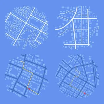 Set of four circular blue city map icons featuring street grids and yellow Stock Illustration