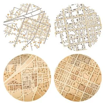 Set of four circular city map layouts featuring abstract urban street networks Stock Illustration