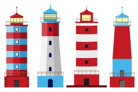 Set of four colorful flat lighthouse towers isolated on white background Stock Illustration