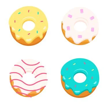 Set of four colorful glazed donuts with sprinkles, marshmallows Stock Illustration
