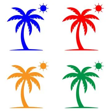 A set of four colorful palm tree with suns, in blue, red, orange, and green.. Stock Illustration