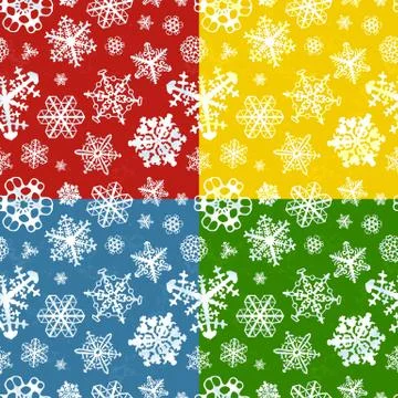 Set of four colour modern winter seamless patterns with snowflakes Stock Illustration