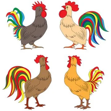 Set of four colourful amusing Roosters Illustrazione stock