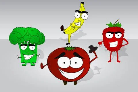 Set of four comic food hand drawn characters. Broccoli, banana, raspberry Stock Illustration