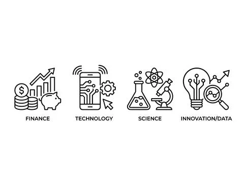 Set of four conceptual icons representing finance, technology, science, and.. Stock Illustration