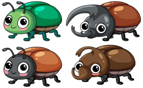 Set of Four Cute Cartoon Beetles and Rhino Beetles Vector Illustration Stock Illustration