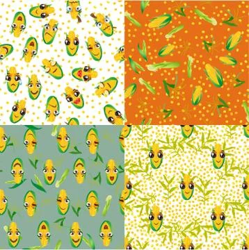Set of four cute seamless pattern with cartoon emoji corn 스톡 일러스트