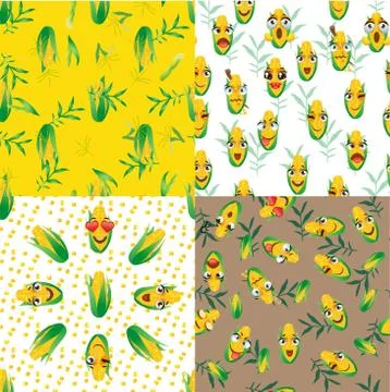 Set of four cute seamless pattern with cartoon emoji corn Stock Illustration