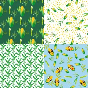 Set of four cute seamless pattern with cartoon emoji corn Stock Illustration