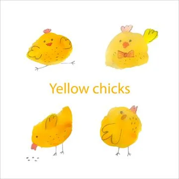 Set of four cute yellow watercolor chickens. Stock Illustration