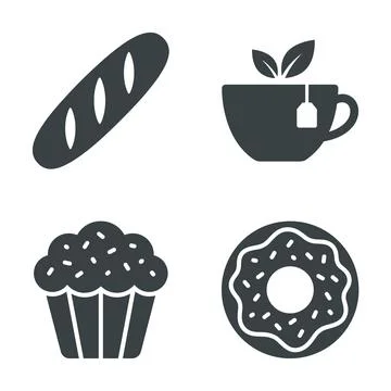 Set of four dark gray flat icons: baguette bread, cup of tea with leaves, m.. Stock Illustration