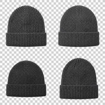 Set of four dark gray knitted beanies for winter season isolated on transpa.. Photos