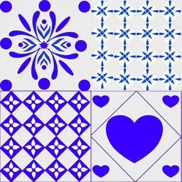 Set of four decorative ceramic tiles with blue pattern on white background, Stock Illustration