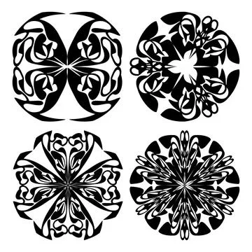 Set of four decorative doodle patterns in monochrome design, circural vintage Stock Illustration