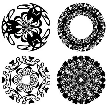 Set of four decorative doodle patterns in monochrome design, round vintage Stock Illustration