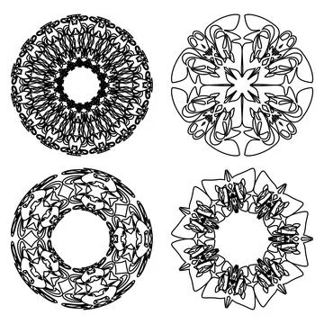 Set of four decorative doodle patterns in black and white design, round vintage Stock Illustration