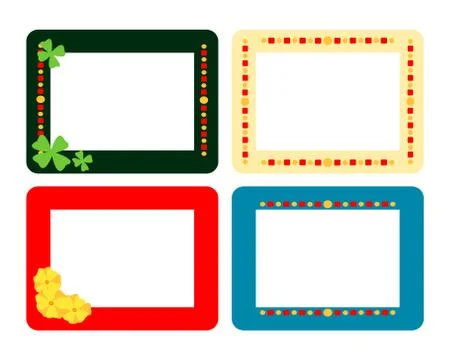 Set of four decorative flat frames with fourleaf, flowers and spots Stock Illustration
