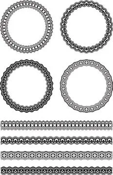 Set of four decorative round frames and four decorative line borders in simil Stock Illustration