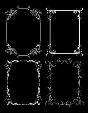 Set of four decorative vintage vector frames on a black background. Stock Illustration