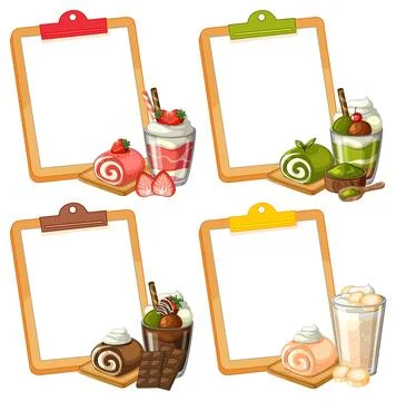 Set of Four Dessert Menu Clipboards with Swiss Rolls and Parfaits Stock Illustration