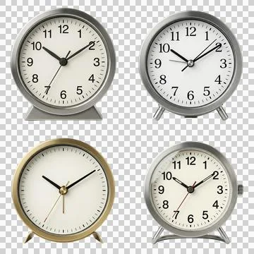 Set of four different analog alarm clocks on transparent background classic.. Fotos de archivo