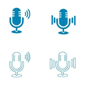 A set of four different blue microphone icons in various styles and states .. Stock Illustration