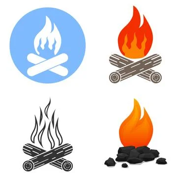 Set of four different bonfire and campfire icons flat vector illustration Illustrazione stock