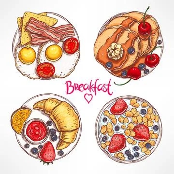 Set with four different breakfasts Ilustración de archivo