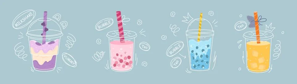 Set of four different Bubble tea. Stock Illustration