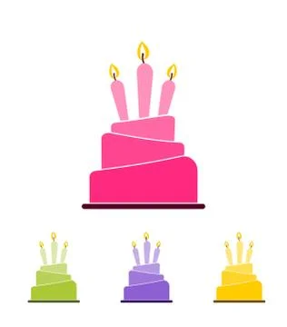 Set of four different colored cake icons with three lit candles isolated on w Illustrazione stock
