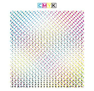 Set of four different colored halftone patterns of cmyk dot, square dot effect Stock Illustration