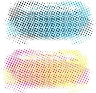 Set of four different colored halftone patterns of cmyk dot, square dot effect Illustrazione stock